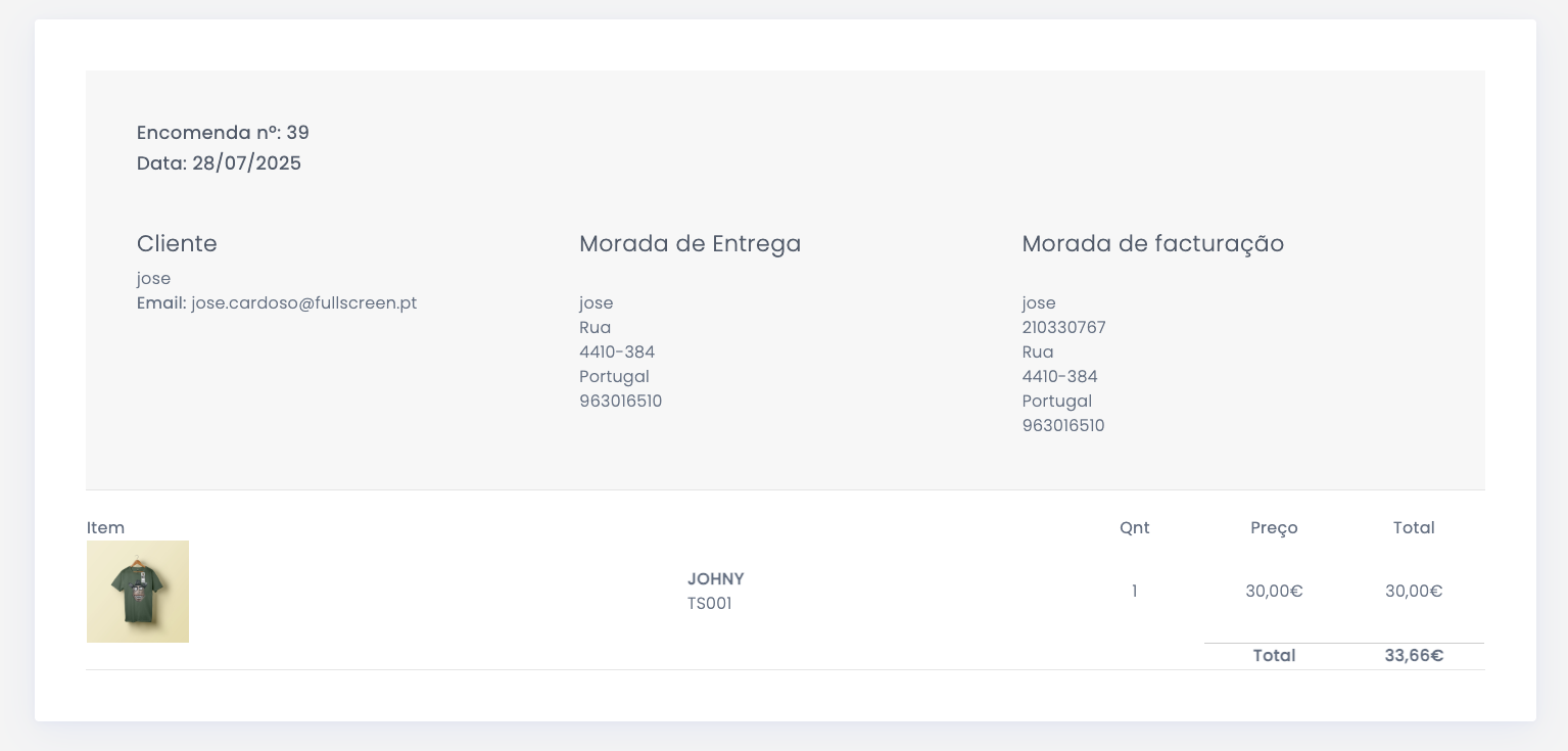 Detalhe de encomenda no E-commerce do Studio CMS